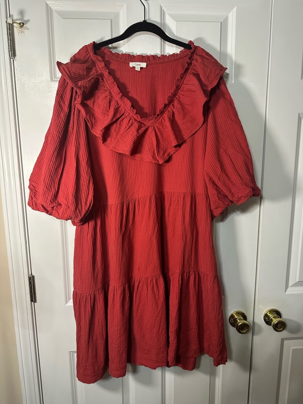 Red Ruffle V-Neck Mini Dress with Puff Sleeves